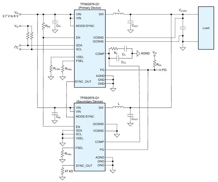 Stacked TPS62876-Q1 buck converters