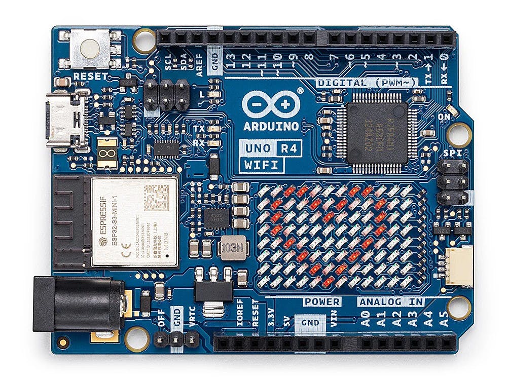 Product: Arduino UNO R4 WiFi Type: Development Board Module: Renesas RA4M1 Processor: 48-MHz Arm Cortex-M4 Radio Module: 204-MHz ESP32-S3-MINI-1-N8 Memory MCU: 32-kB SRAM 256-kB flash 8 kB of EEPROM Memory Radio: 512-kB SRAM 384-kB ROM Wi-Fi: 802.11 b/g/n Bluetooth: Bluetooth 5.0 LE