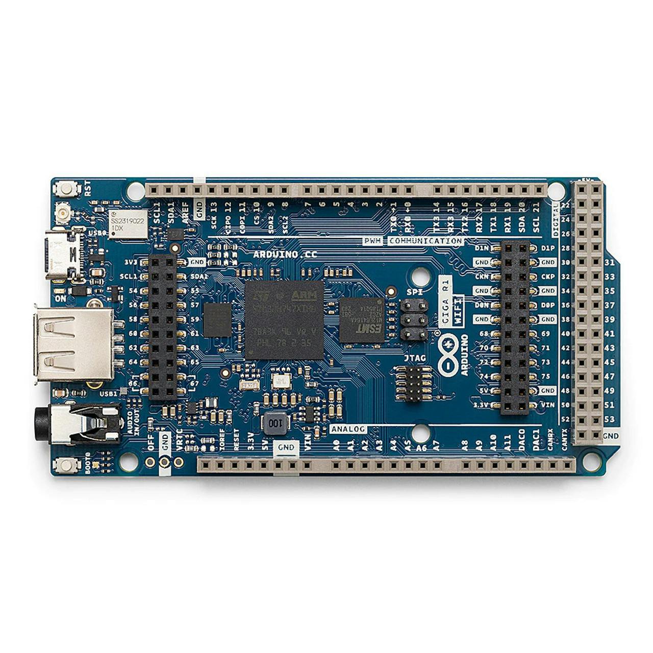 Product: Arduino GIGA R1 WiFi Type: Development Board Module: STM32H747XI Processor: Dual Cortex-M7+M4 32-bit low-power Arm MCU CPU: Main Core 480 MHz, Second core 240 MHz Memory MCU: 1-MB SRAM 2-MB flash 16 MB of NOR flash with the AT25SF128A-MHB-T (U8) 8 MB of SDRAM with the AS4C4M16SA (U3) Radio Module: Murata LBEE5KL1DX-883 Wi-Fi 802.11 b/g/n Bluetooth 5.0 LE