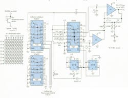1. This circuit exploits the ohmic-error immunity of the tri-current δVBE circuit by adding a front end comprising an 8 x 8 matrix of temperature-sensor transistors, thus achieving uniquely cost-effective temperature measurements. 1. This circuit exploits the ohmic-error immunity of the tri-current δVBE circuit by adding a front end comprising an 8 x 8 matrix of temperature-sensor transistors, thus achieving uniquely cost-effective temperature measurements.