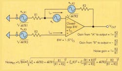 1. Noise sources - thermal noise generated by external resistors, intrinsic voltage, and current noise - are amplified by the noise gain (1 + R2/R1) of the circuit. 1. Noise sources - thermal noise generated by external resistors, intrinsic voltage, and current noise - are amplified by the noise gain (1 + R2/R1) of the circuit.