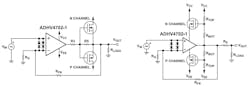 Lower-power op amps often use external bipolar transistors or MOSFETs as current (left) and voltage boosters (right) Lower-power op amps often use external bipolar transistors or MOSFETs as current (left) and voltage boosters (right)