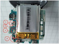 Figure 3. The highlighted components in this close-up view of the headset’s PCB are the On/Off-switch (1), the bicolor LED (2), the blue LED (3), and battery wires (4). Figure 3. The highlighted components in this close-up view of the headset’s PCB are the On/Off-switch (1), the bicolor LED (2), the blue LED (3), and battery wires (4).