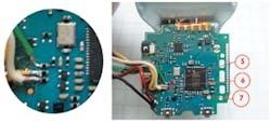 Figure 4. Here, the green LED cathode (5), red LED cathode (6), and blue LED cathode (7) wires are soldered to the headset (right). A close-up view is shown on the left. Multicolor wires aid in the subsequent connections of the amplifier and power supply. Figure 4. Here, the green LED cathode (5), red LED cathode (6), and blue LED cathode (7) wires are soldered to the headset (right). A close-up view is shown on the left. Multicolor wires aid in the subsequent connections of the amplifier and power supply.