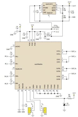 Figure 6. The headset design employs Maxim’s MAX98400A dual class D stereo audio amplifier and MAX16910 regulator. Figure 6. The headset design employs Maxim’s MAX98400A dual class D stereo audio amplifier and MAX16910 regulator.