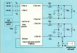 5. This block diagram shows the connection between an audio codec in a notebook computer, a Class-D audio power amplifier, and speakers. The input capacitors are in series with the input resistance of the amplifier, forming a high-pass filter that blocks any de signals. 5. This block diagram shows the connection between an audio codec in a notebook computer, a Class-D audio power amplifier, and speakers. The input capacitors are in series with the input resistance of the amplifier, forming a high-pass filter that blocks any de signals.
