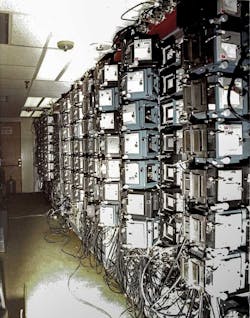 Dozens of Tek scopes, each with screen film cameras, to capture a single event during a nuclear detonation in Nevada Dozens of Tek scopes, each with screen film cameras, to capture a single event during a nuclear detonation in Nevada