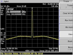 Spectrum analyzer showing the EDM operating at a low-frequency (26.9 GHz) line. Spectrum analyzer showing the EDM operating at a low-frequency (26.9 GHz) line.