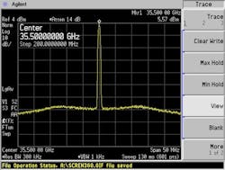 Spectrum analyzer showing the EDM operating at a high-frequency (35.5 GHz) line Spectrum analyzer showing the EDM operating at a high-frequency (35.5 GHz) line