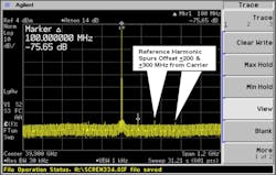 Spectrum analyzer showing EDM reference harmonics for the high-band edge (39.9 GHz) line Spectrum analyzer showing EDM reference harmonics for the high-band edge (39.9 GHz) line