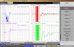 Signal source analyzer showing EDM switching speed (less than 20 μs) when stepped from the low-band edge (22.5 GHz) to the high-band edge (39.9 GHz) Signal source analyzer showing EDM switching speed (less than 20 μs) when stepped from the low-band edge (22.5 GHz) to the high-band edge (39.9 GHz)