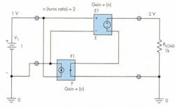 1. A previosly published model for an ideal transformer is shown here with a turns ratio of 2 and a I-V input and a 1-kΩ load resistor. 1. A previosly published model for an ideal transformer is shown here with a turns ratio of 2 and a I-V input and a 1-kΩ load resistor.