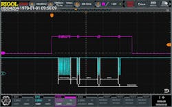 Modulated output signal covering the initial message and repeat code obtained on the demonstration board Modulated output signal covering the initial message and repeat code obtained on the demonstration board