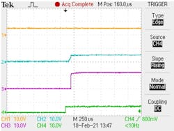 After short-to-ground release, the circuit requires load switch activation (green) to restore output voltage (blue) After short-to-ground release, the circuit requires load switch activation (green) to restore output voltage (blue)