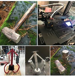 “Twisted Sledge” hammers from castable (L) and PLA (R) filament seen in lower left frame “Twisted Sledge” hammers from castable (L) and PLA (R) filament seen in lower left frame