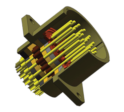 Cutaway of a circular connector reveals a high-density array of filtered pins protected by a durable mechanical shell Cutaway of a circular connector reveals a high-density array of filtered pins protected by a durable mechanical shell
