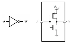 Simple inverter (NOT gate) function (left), design can also function in a quasi-analog role (right) Simple inverter (NOT gate) function (left), design can also function in a quasi-analog role (right)
