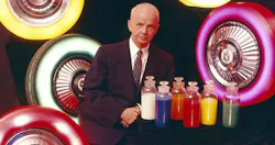 Goodyear dyed the tire material in white, blue, orange, red, yellow, green, or amber. Goodyear dyed the tire material in white, blue, orange, red, yellow, green, or amber.