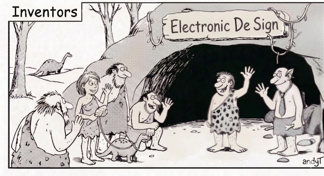 A cartoon cast of cave people does funny things related to technology: (L to R) Don, Rocks-anne holding her pet dino on a leash, Al, Chris, Joel, and Travis (the boss with a tie)