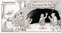 Black-and-white technology-oriented comic / cartoon series of a group of cavemen labeled “Inventors” standing outside a cave with a sign reading “Electronic De Sign,” greeting everyone; one wears a tie, and a small dinosaur held on a leash by a cave girl appears in the background. Black-and-white technology-oriented comic / cartoon series of a group of cavemen labeled “Inventors” standing outside a cave with a sign reading “Electronic De Sign,” greeting everyone; one wears a tie, and a small dinosaur held on a leash by a cave girl appears in the background.