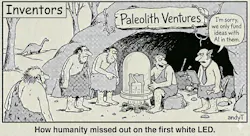 Black-and-white cartoon / comic about technology titled Inventors. A group of prehistoric cave people visits Paleolith Ventures, where an inventor pitches an early light device comprised of a bonfire under a glass LED-shaped dome. The investor says, 'I'm sorry, we only fund ideas with AI in them.' Caption: 'How humanity missed out on the first white LED Black-and-white cartoon / comic about technology titled Inventors. A group of prehistoric cave people visits Paleolith Ventures, where an inventor pitches an early light device comprised of a bonfire under a glass LED-shaped dome. The investor says, 'I'm sorry, we only fund ideas with AI in them.' Caption: 'How humanity missed out on the first white LED