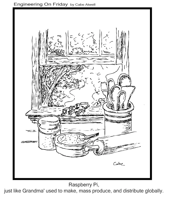 Hand-drawn by me. One of my first Engineering on Friday cartoons. The day the Raspberry Pi first launched.