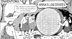 Two prehistoric inventors stand beside a huge log slice marked with a grid pattern, with a sign in the background of the company name parody - “Anna’s Log Devices.” One says, “We expect to yield about 78% of the log amplifiers on this wafer.” Another character works on the log with a hammer and chisel, while a fourth watches nearby. The scene is a humor comic parodying semiconductor wafer production in a Stone Age setting. Two prehistoric inventors stand beside a huge log slice marked with a grid pattern, with a sign in the background of the company name parody - “Anna’s Log Devices.” One says, “We expect to yield about 78% of the log amplifiers on this wafer.” Another character works on the log with a hammer and chisel, while a fourth watches nearby. The scene is a humor comic parodying semiconductor wafer production in a Stone Age setting.