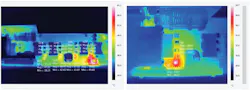 Hot spot comparison of a board running at full load during discharge (left) and charge (right) Hot spot comparison of a board running at full load during discharge (left) and charge (right)