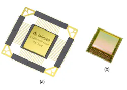 1. Size comparison showing a prepackaged semiconductor (a) versus a bare die (b). 1. Size comparison showing a prepackaged semiconductor (a) versus a bare die (b).