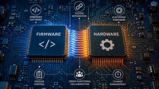 Firmware and hardware are tightly interdependent, but their development is often done in separate workflows, increasing the risk of misalignment and redesign.