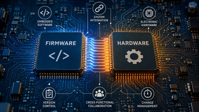 Firmware and hardware are tightly interdependent, but their development is often done in separate workflows, increasing the risk of misalignment and redesign.