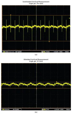 VOUT measurement result: (a) 114.4 mV without shielding; (b) 27.2 mV with shielding VOUT measurement result: (a) 114.4 mV without shielding; (b) 27.2 mV with shielding