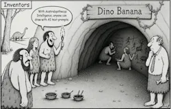 Black-and-white cartoon with a company parody name over the cave as: “Dino Banana.” Three cave people stand outside a cave entrance, and one says, “With Australopithecus Intelligence, anyone can draw with AI text prompts.” Inside the cave, one person paints a hunting scene from looking at the other person's chiseled text: “CAVE PAINTING REALISTIC HUNTING SCENE,” suggesting a joke about early humans using prompts to create art. Black-and-white cartoon with a company parody name over the cave as: “Dino Banana.” Three cave people stand outside a cave entrance, and one says, “With Australopithecus Intelligence, anyone can draw with AI text prompts.” Inside the cave, one person paints a hunting scene from looking at the other person's chiseled text: “CAVE PAINTING REALISTIC HUNTING SCENE,” suggesting a joke about early humans using prompts to create art.