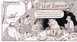 Black-and-white cartoon of prehistoric inventors outside a cave labeled “U of Zoorock.” A speech bubble says, “Schrödinger, here, still has a few details to work out so we’re a coupla weeks behind schedule.” Several cavemen stand around a large saber-toothed cat sitting in a box frame that's way too small while one man appears to be taking notes; a dinosaur is visible in the background.