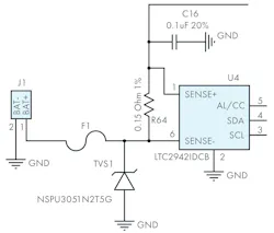 Battery connector (J1) is protected with a NSPU3051N2T5G (TVS1)