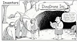 Black-and-white cartoon set at a cave labeled “DinoDrone Inc.” A pterodactyl wearing a “PTERY” tag is chained to a smiling cavewoman, while a caveman stands nearby. In front of the cave, a man holding a book titled “DARPA Rules” says, “Luckily, the FAQs say that the Lift Challenge ‘vehicle’ CAN eject ‘mass’ while in flight.”