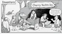 Black-and-white cartoon titled “Inventors” showing a prehistoric workshop labeled “Cherry Yachts Inc.” A small group of cavemen and a woman stand around a chariot fashioned from wood and having square stone wheels. One caveman has chiseled a “SPEC.” document with a hammer while the tie-wearing boss on the right says, “Yes, we know how to fix it, but we have to revise the spec first.” The joke is that the inventors are overcomplicating a fix by changing the specification instead of repairing the problem.