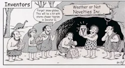 A cartoon titled “Inventors” shows a group of caveman inventors in front of a cave labeled “Weather or Not Novelties Inc.” One inventor proudly presents a jar with a spun liquid vortex inside while another says, “Forget snow-globes. This will be a hit with storm-chaser tourism in Decatur IL.”