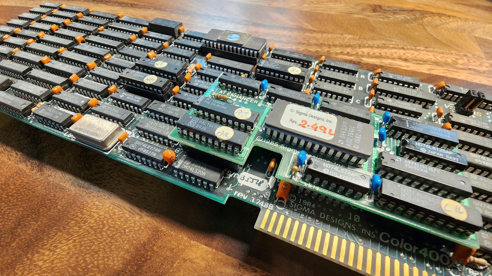 This is a Sigma Designs Color400 ISA graphics card. I kept it because I feel like it&rsquo;s a work of art. I also thought, if any of those chips stopped working, the whole thing is cooked. Could I 3D-print new ones in the future?