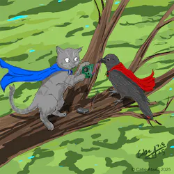 I hand-drew this cartoon - no AI involved. My cat and crow environmental superheroes installing a trail camera to watch for poachers, illegal garbage dumping, and wildlife destruction.