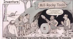 Black-and-white cartoon titled “Inventors.” Outside a Stone Age cave labeled “Mill-Rocky Tools,” a caveman displays a crude stone-and-wood screwdriver beside a large stone wheel. He announces, “I’m naming this screwdriver invention after myself,” while a tie-wearing executive holding a notepad watches and several cavemen, a cavewoman, and a small sabretooth cat look on. A dinosaur stands in the distant background. Text beneath the cartoon reads: “The boss banishes narcissist Urgg Robertson to Canada.”