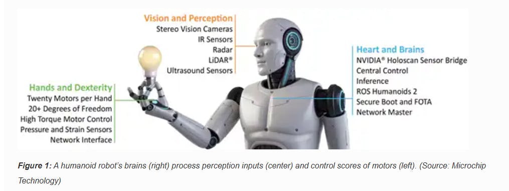 Figure 1: A humanoid robot&rsquo;s brains (right) process perception inputs (center) and control scores of motors (left). (Source: Microchip Technology)