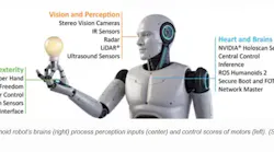 Figure 1: A humanoid robot’s brains (right) process perception inputs (center) and control scores of motors (left). (Source: Microchip Technology)