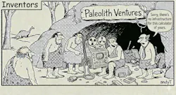 A black-and-white single-panel comic titled “Inventors.” Several prehistoric cavemen stand outside a cave beneath a handmade sign reading “Paleolith Ventures.” One caveman proudly presents a large reel-to-reel computer with cables and a power plug, while another caveman in a shirt and tie holds a clipboard and tells him, “Sorry, there’s no infrastructure for this calculator of yours.” A small dinosaur and bare trees appear in the background; scattered electronic components lie on the ground.