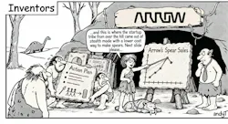 A black-and-white comic titled “Inventors” shows a prehistoric startup pitch. A cavewoman presenter points to a stone chart labeled “Arrow’s Spear Sales,” whose line graph rises sharply. She says, “…and this is where the startup tribe from over the hill came out of stealth mode with a lower cost way to make spears. Next slide please…” Beside her, anxious cavemen hold a stone “Action Plan” tablet showing people-to-coins imagery, while a suited modern businessman listens thoughtfully. In the background, a dinosaur and an “Arrow” sign reinforce the prehistoric business setting.