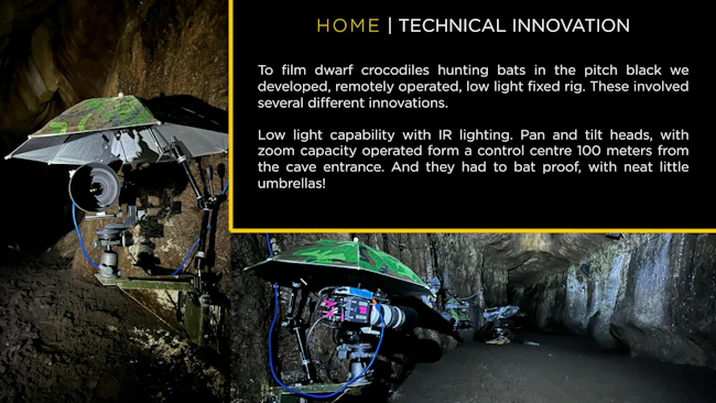 The custom robotic camera mounts holding retrofitted infrared cameras in a pitch-black cave in Gabon.