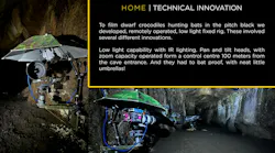 The custom robotic camera mounts holding retrofitted infrared cameras in a pitch-black cave in Gabon.
