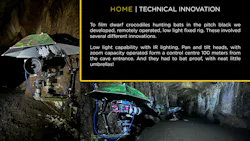 The custom robotic camera mounts holding retrofitted infrared cameras in a pitch-black cave in Gabon.