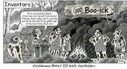 Black-and-white “Inventors” cartoon parodying a car company. Outside a smoke-filled Stone Age cave labeled “Boo-ick,” with a three-shield emblem, a smiling cavewoman speaks at a stone podium while soot-covered cavemen stand beside a burning coal pile. She says, “We’ve successfully lobbied to burn even more fuel and Environmental Protection officials publicly said it’s a good thing and did the fake math for the gullible public on how much money they’ll save.” An upside-down dead bird hangs beside the podium. The caption reads, “disinGenuous Motors’ CEO briefs shareholders.”