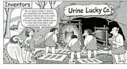 Black-and-white “Inventors” cartoon by AndyT shows a prehistoric bronze workshop outside a cave labeled “Urine Lucky Co.” Three cavemen urinate onto hot spearheads on stone slabs, producing steam. A furnace and bellows stand behind them, while a man wearing a necktie takes notes. A cavewoman holding a pet chameleon on a leash explains: “We use liquid cooling to quench our spearheads and inadvertently discovered that we get a nice warm ochre-tan patina to the bronze, often with pale chalky yellowish-green to olive undertones where salts concentrate and flash-dry.” The company name puns on “You’re in luck.”